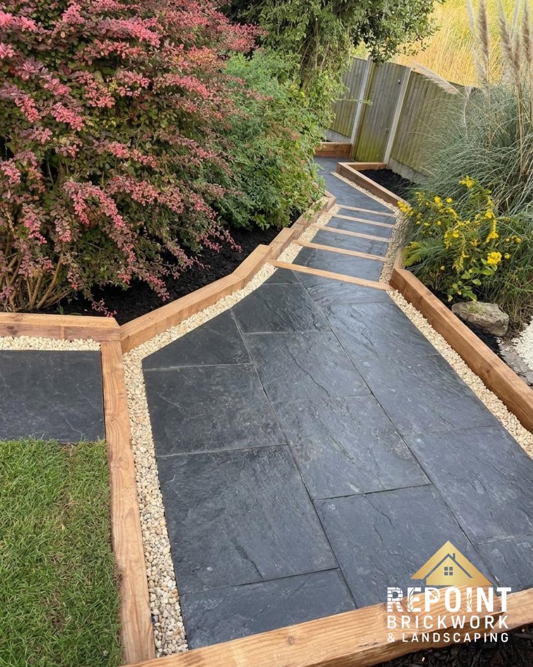 Dark slate stepping stone garden path